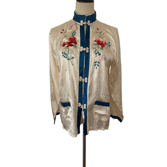 Vtg 50s Chinese Satin Embroidered Lounge Set Jacket & Pants Floral Frog Button - Picture 1 of 16